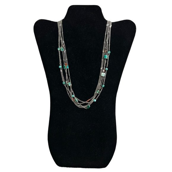 Layered Necklace Silver Tone Chain Turquoise Color Beads 20 inch - Picture 2 of 6